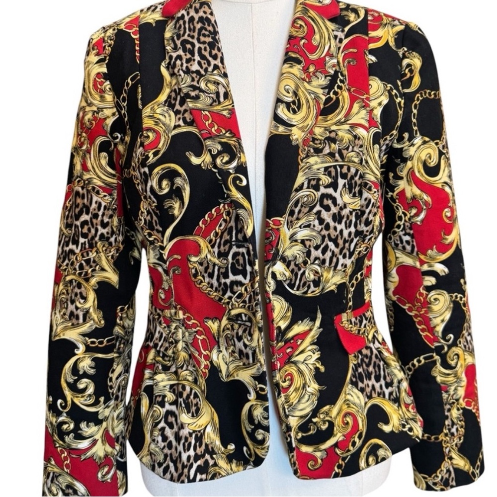 Boston Proper Red, Black & Gold Baroque Print Blazer